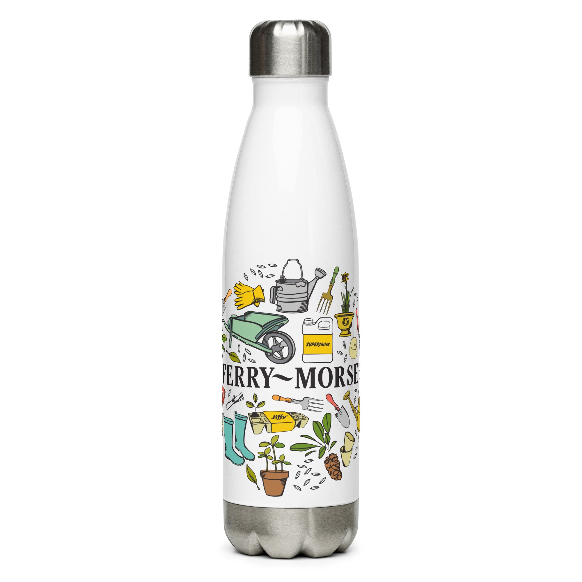 A white stainless steel water bottle with a colorful logo featuring various items and plants, and the text 'Ferry-Morse'.